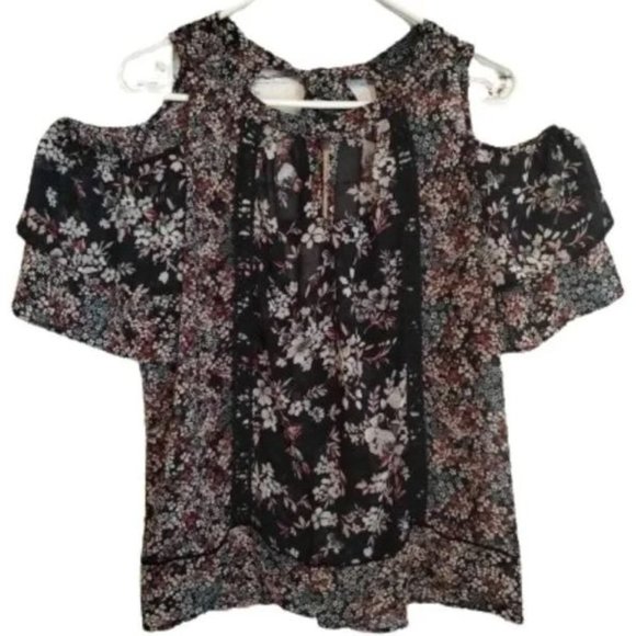 Women's Flutter Floral Black Cold Shoulder Sheer Top Peasant Paisley Boho Blouse - Picture 1 of 14